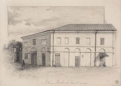 Józef Smoliński, Stary Teatr w Lublinie, rysunek, 1897, ze zbiorów Muzeum Narodowego w Warszawie. Źródło: cyfrowe.mnw.art.pl