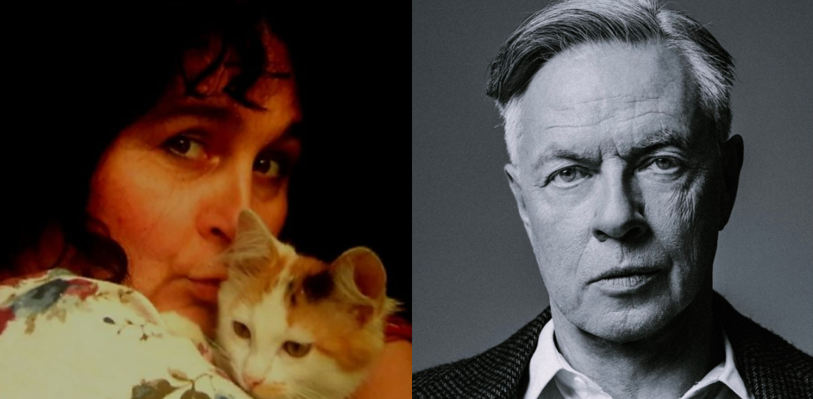 Dwa zdjęcia ze zbliżeniem na twarze. Po lewej zdjęcie kobiety przytulającej do twarzy łaciatego kota. Tło czarne. Po prawej czarnobiałe zdjęcie portretowe mężczyzny z poważną miną. Jest ubrany w białą koszulę i czarną marynarkę. Tło szare.