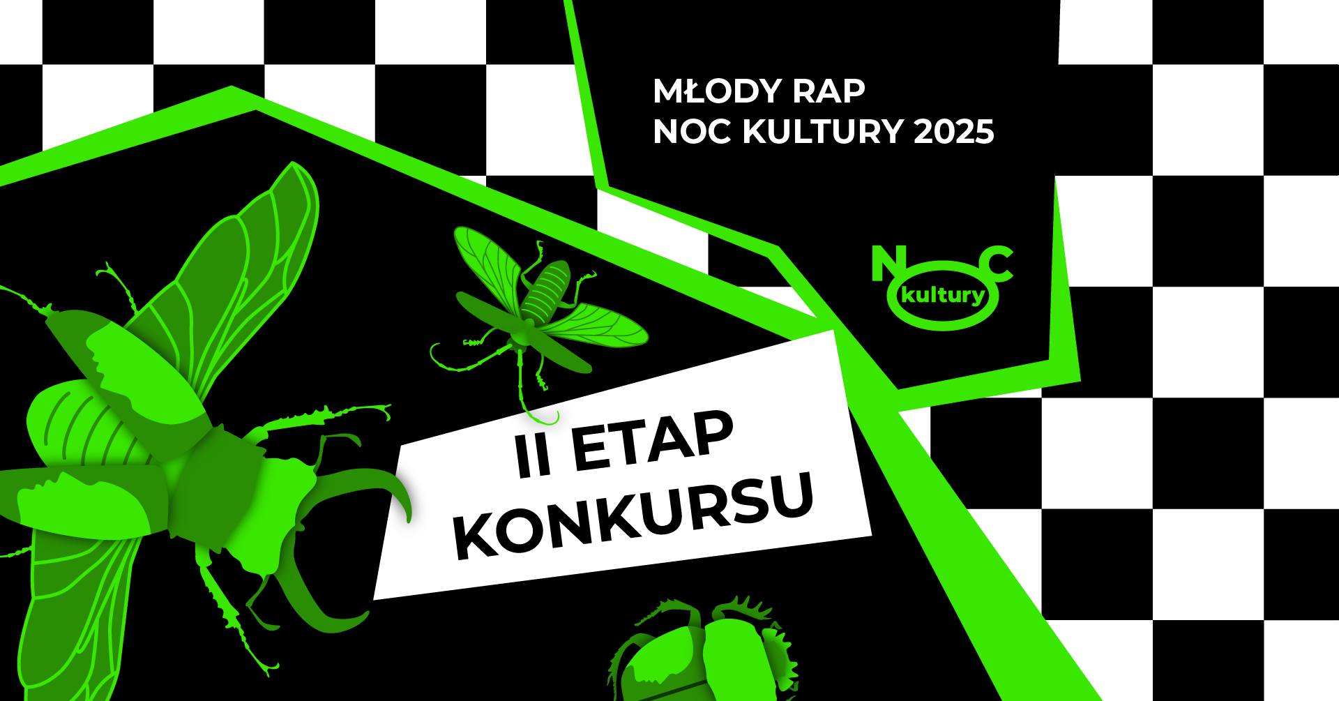 Grafika z napisami. Dwie nieregularne figury geometryczne na tle z czarnobiałej kratki. Figury są czarne z jaskrawymi zielonymi brzegami. Na figurze po środku u góry jest napis
