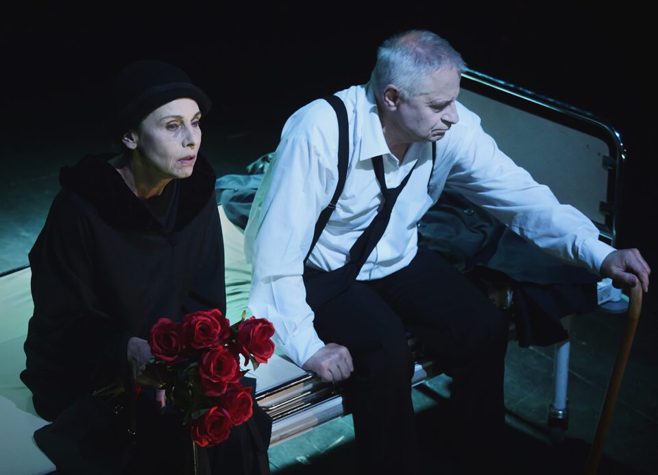 Zdjęcie kobiety i mężczyzny, siedzą obok siebie na szpitalnym łóżku. Kobieta po lewej, jest ubrana w czarny, luźny strój do ziemi i czapkę, trzyma bukiet czerwonych róż. Po prawej mężczyzna w czarnych spodniach, białej koszuli i poluzowanym krawacie. Nie patrzą na siebie nawzajem, mają poważne miny. Tło ciemne.