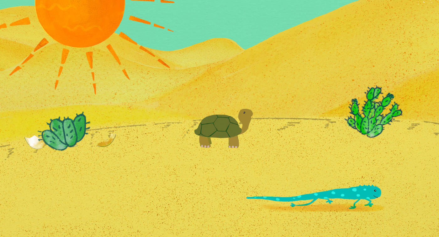Uproszona grafika przedstawiająca pustynię, z zielonym żółwiem i niebieską jaszczurką. Na żółtych piaszczystych wydmach rosną dwa kaktusy. Niebo jest błękitne a słońce pomarańczowe.