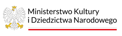 Obraz Główny: Logo z napisem "Ministerstwo Kultury / i Dziedzictwa Narodowego". Pod napisem długa cienka linia w kolorach polskiej flagi, biało-czerwona. Po lewej biały orzeł ze złotymi szponami, dziobem i koroną.