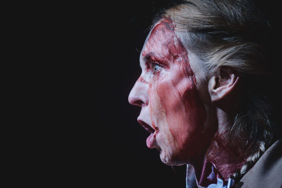 Zbliżenie na twarz kobiety w ujęciu z profilu. Kobieta ma szeroko otwarte oczy i usta. Ma twarz pomazaną krwią. Tło czarne.