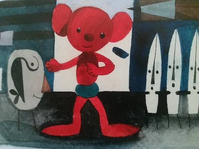 Kadr ze starego filmu animowanego. W centrum jest Pastuś. To stworek ulepiony z plasteliny. Jest brązowy, ma dużą głowę i uszy. Po lewj stronie jest gumka do ścierania z twarzą i nóżkami. A po prawej trzy stalówki, również z twarzami i na cienkich nóżkach. Tło jest czarno-biało-niebieskie.